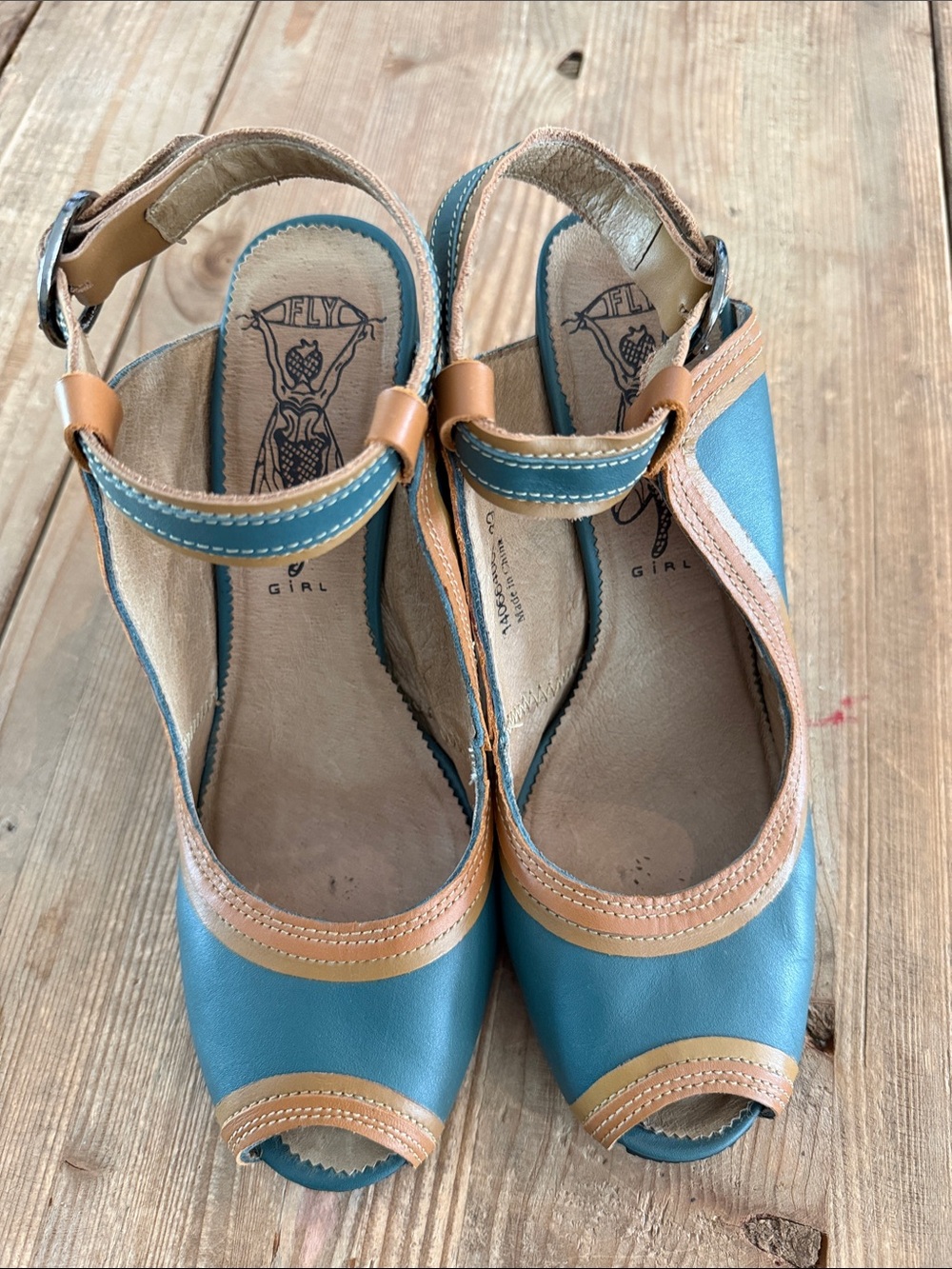 Retro Teal and Tan Peep-Toe Heels by Fly Girl